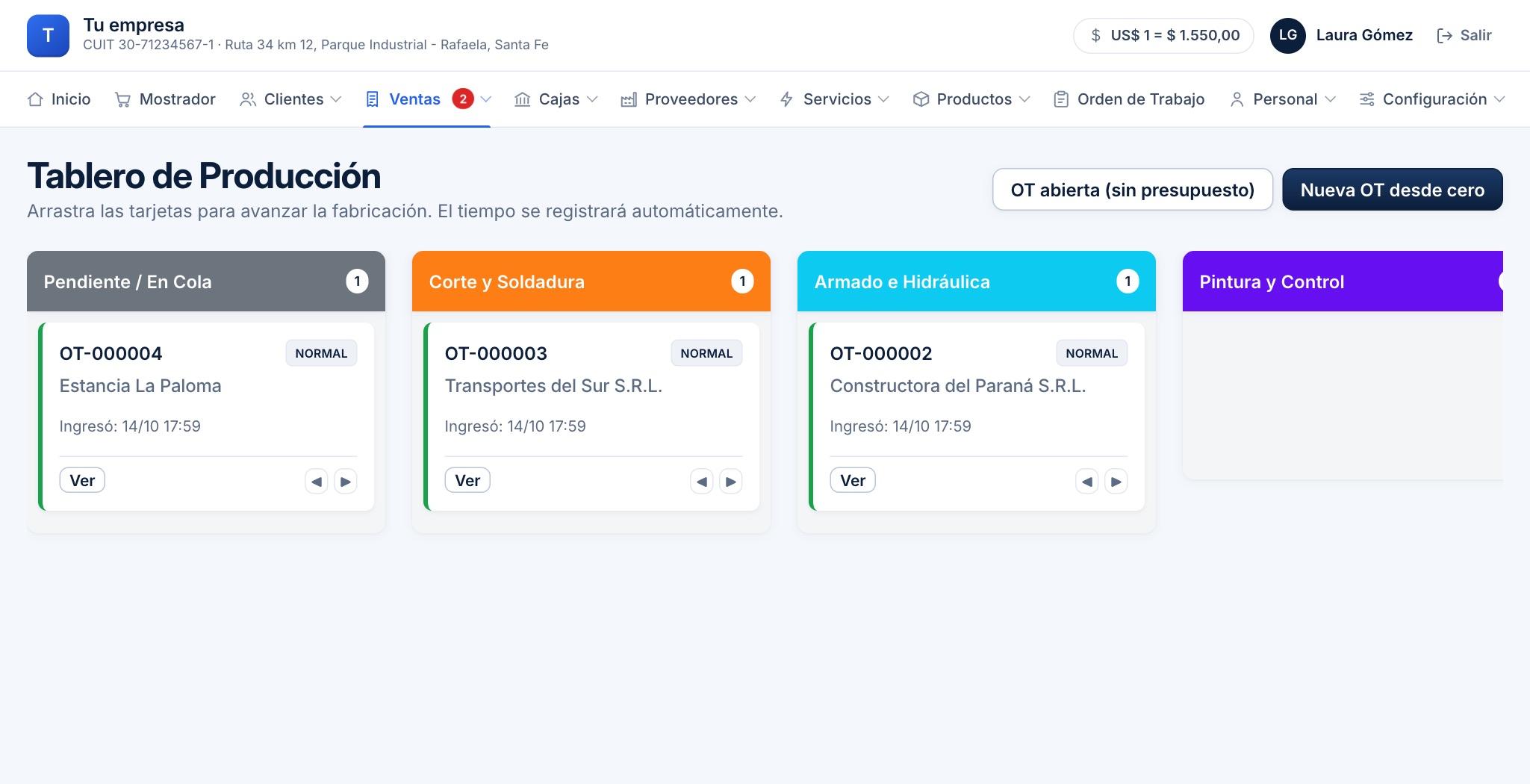 Tablero de producción de Vertio