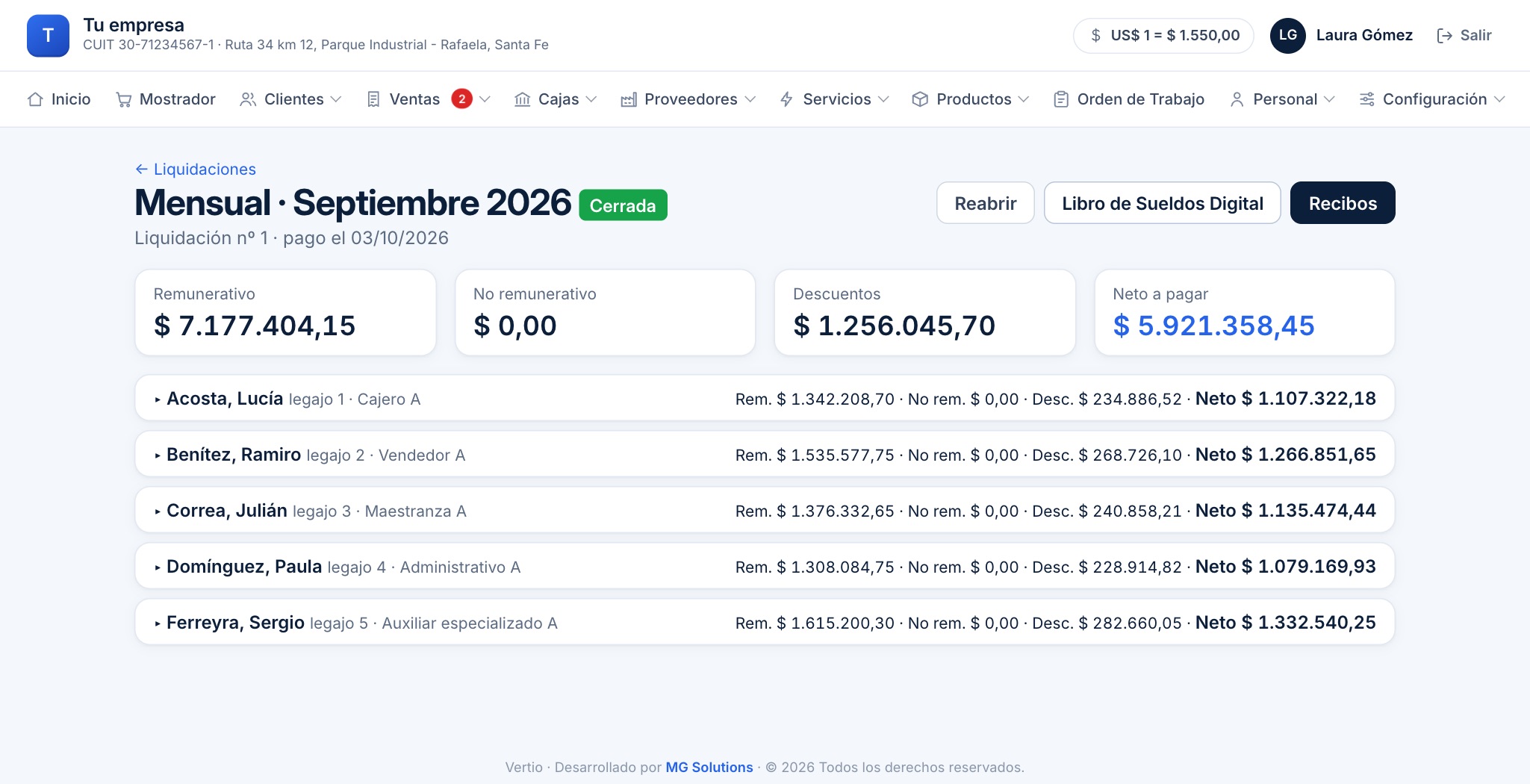 Liquidación de sueldos de Vertio
